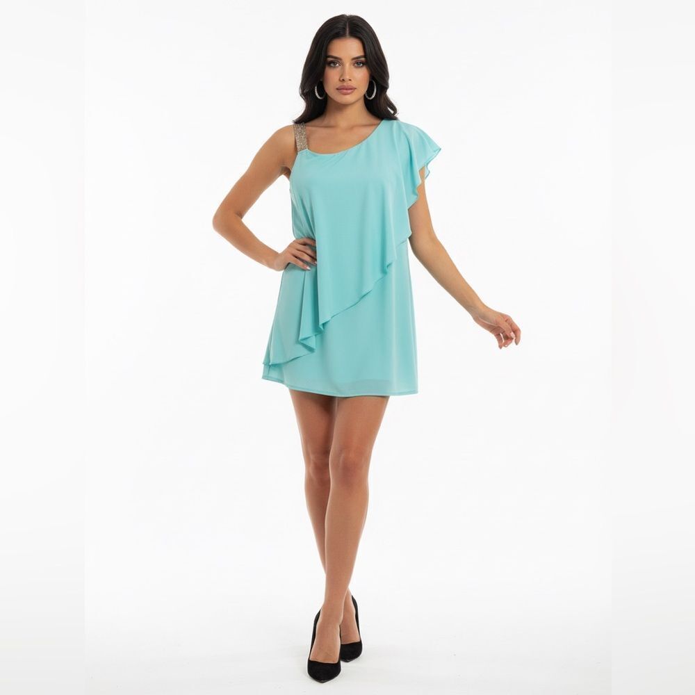 BETSY & ADAM soft Aqua silver embellished strap layered sheath cocktail dress LG